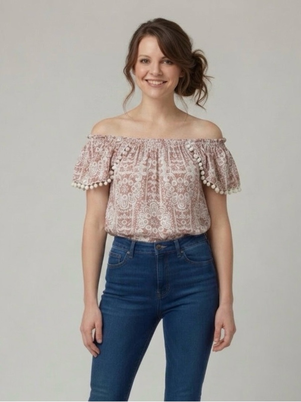Honey Belle Floral Off-Shoulder Pom Pom Blouse in Dusty Rose and White